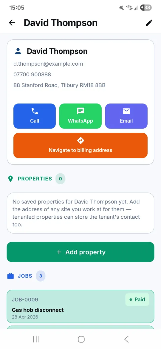 TradeLinkers app screen used by gas engineers