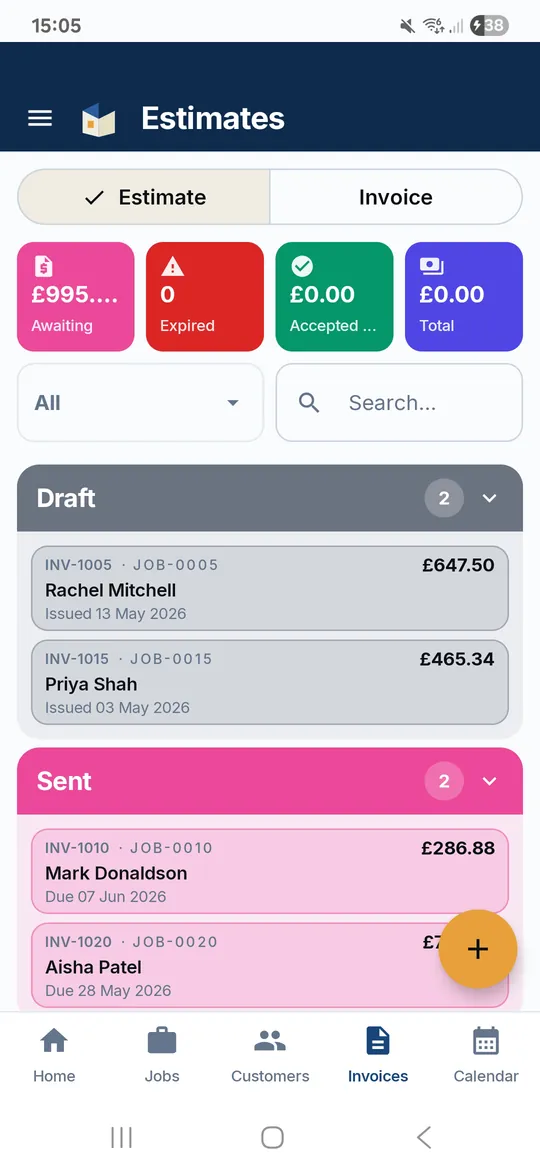 TradeLinkers quotes and estimates screen in the Android app
