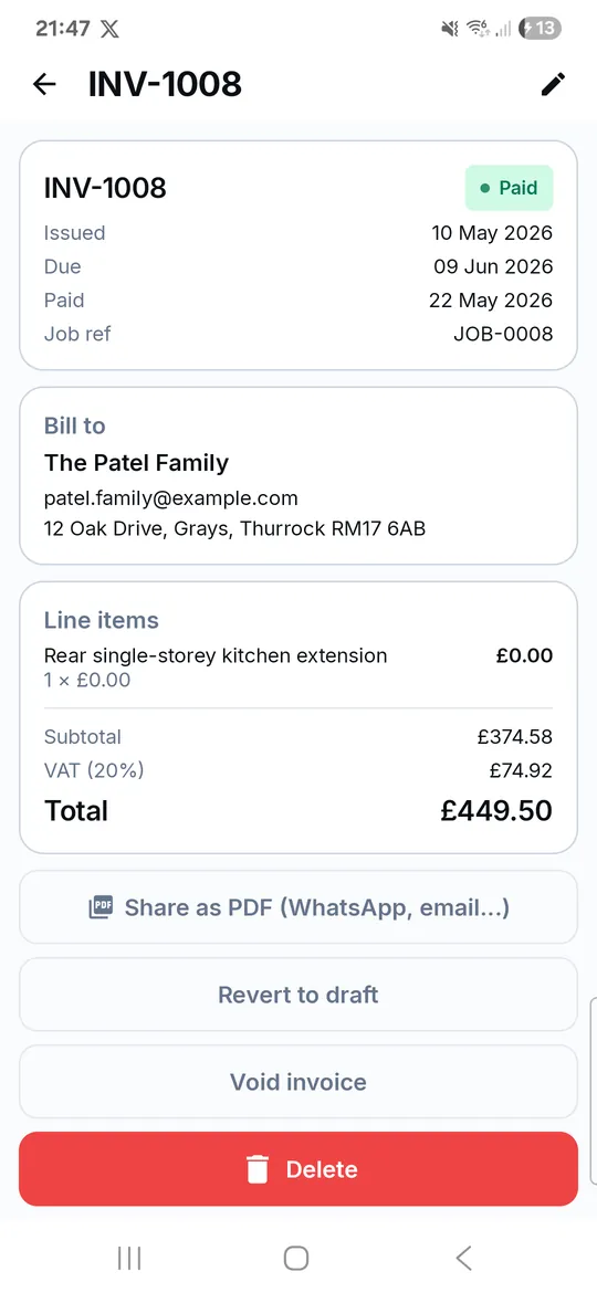 TradeLinkers invoice app screen in the Android app