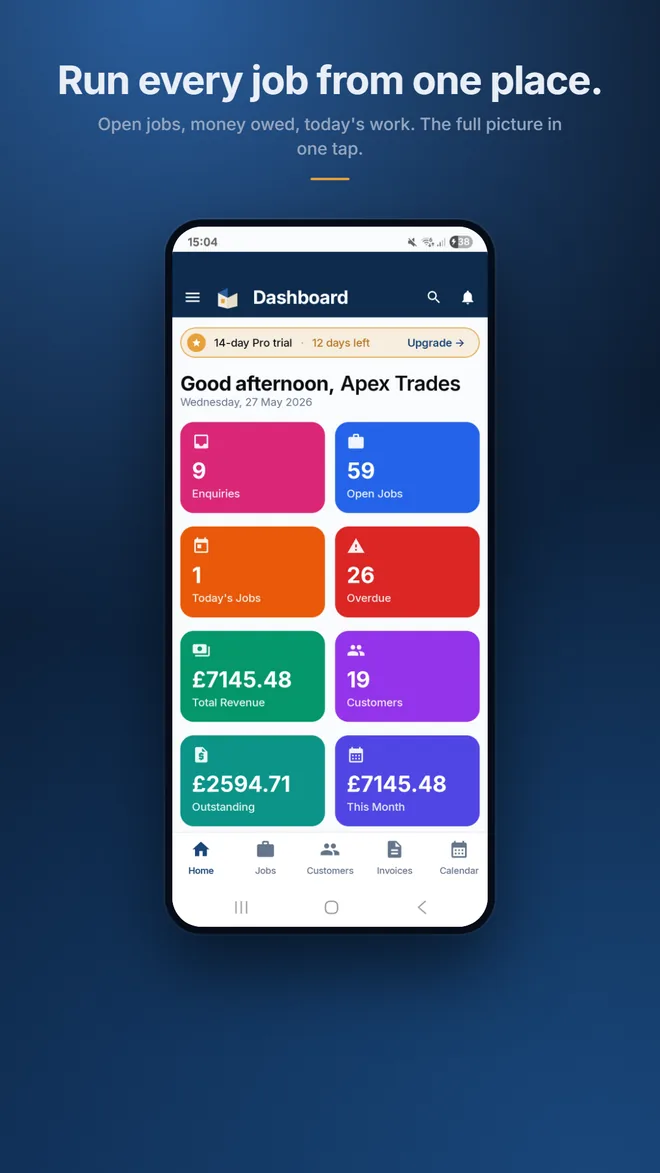 TradeLinkers dashboard showing open jobs, money owed and today's work