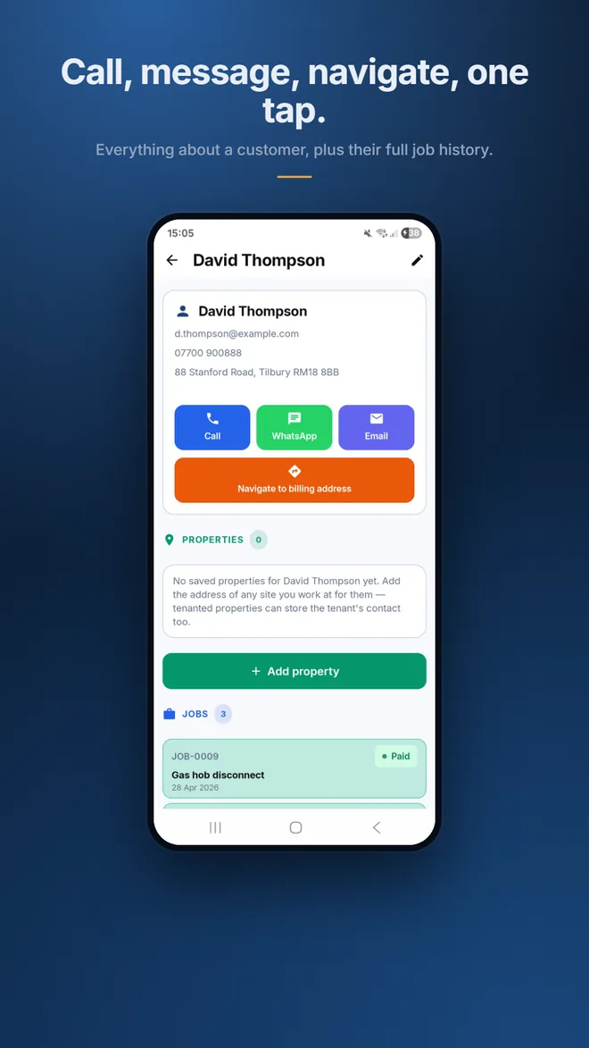 Customer detail with call, WhatsApp, email and job history