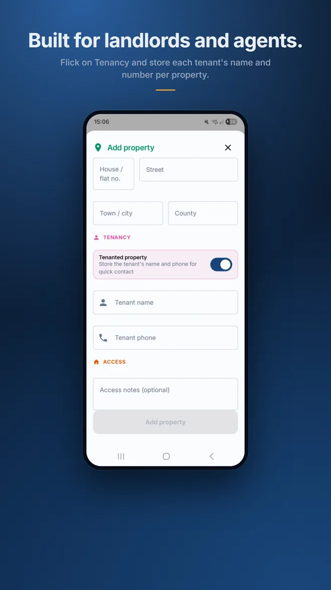 Add a tenanted property with tenant name and phone