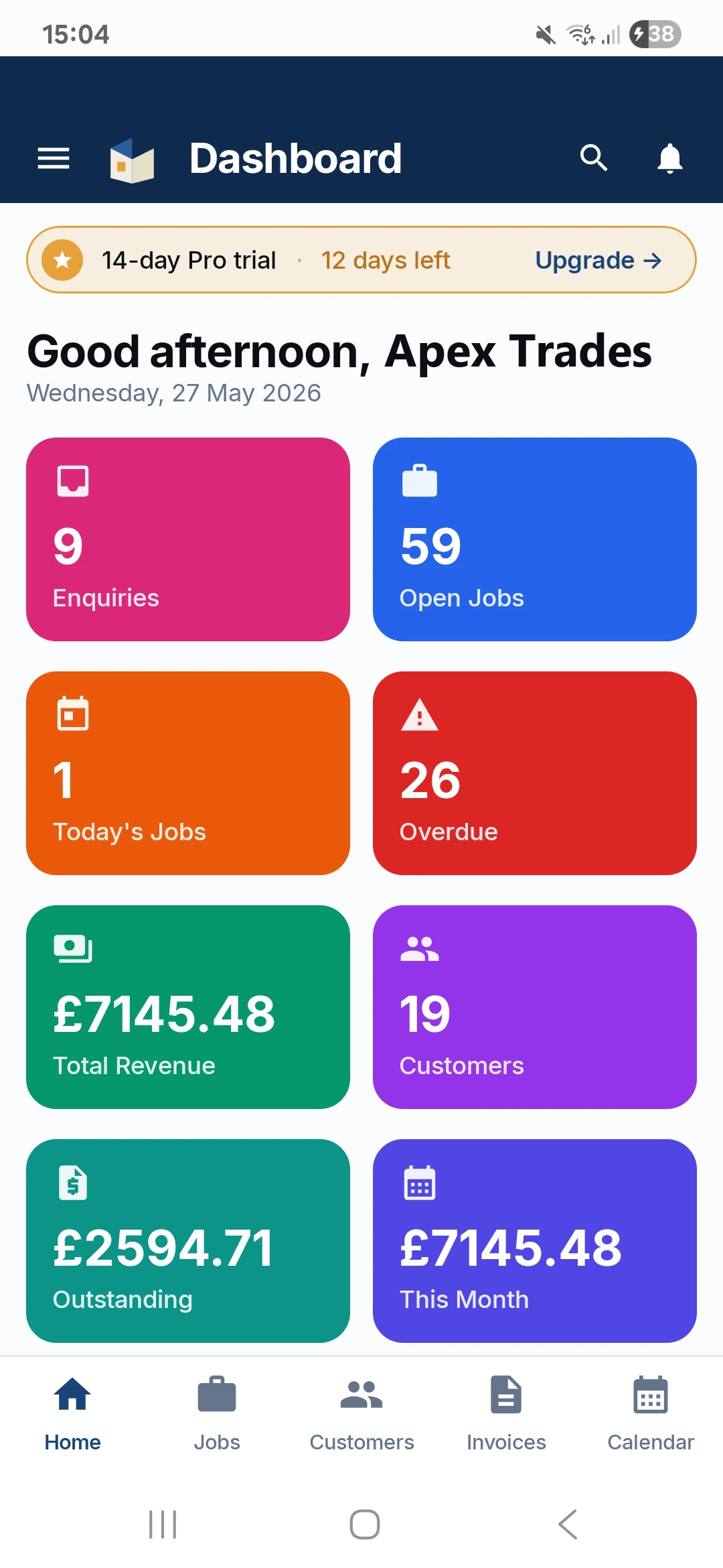 Apex Trades dashboard in TradeLinkers: enquiries, open jobs, revenue and money owed
