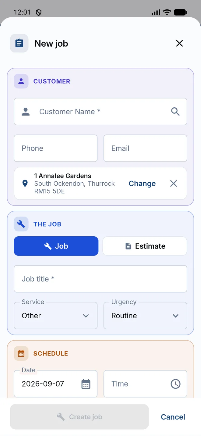 A confirmed address on the new job form