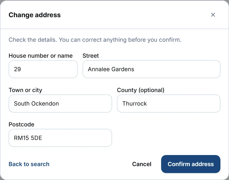 The customer portal's request form with the address dialog