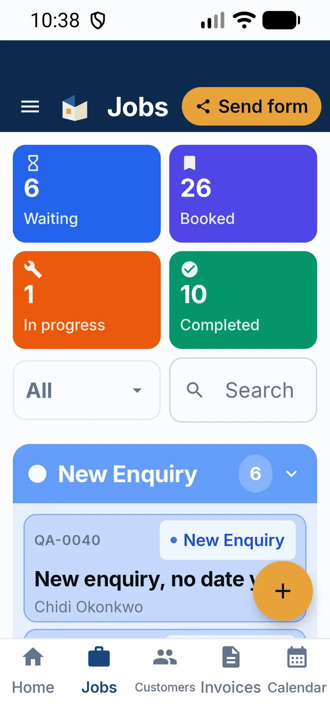 The jobs screen at a large text size, with the tiles two by two