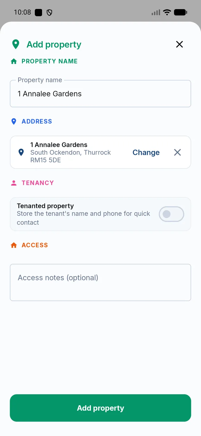 A saved property with the address card